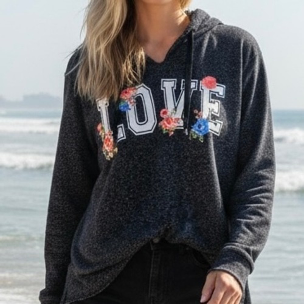 Derek Heart Womens LOVE Floral Graphic Hoodie Charcoal Gray Sz L Loungewear Y2K